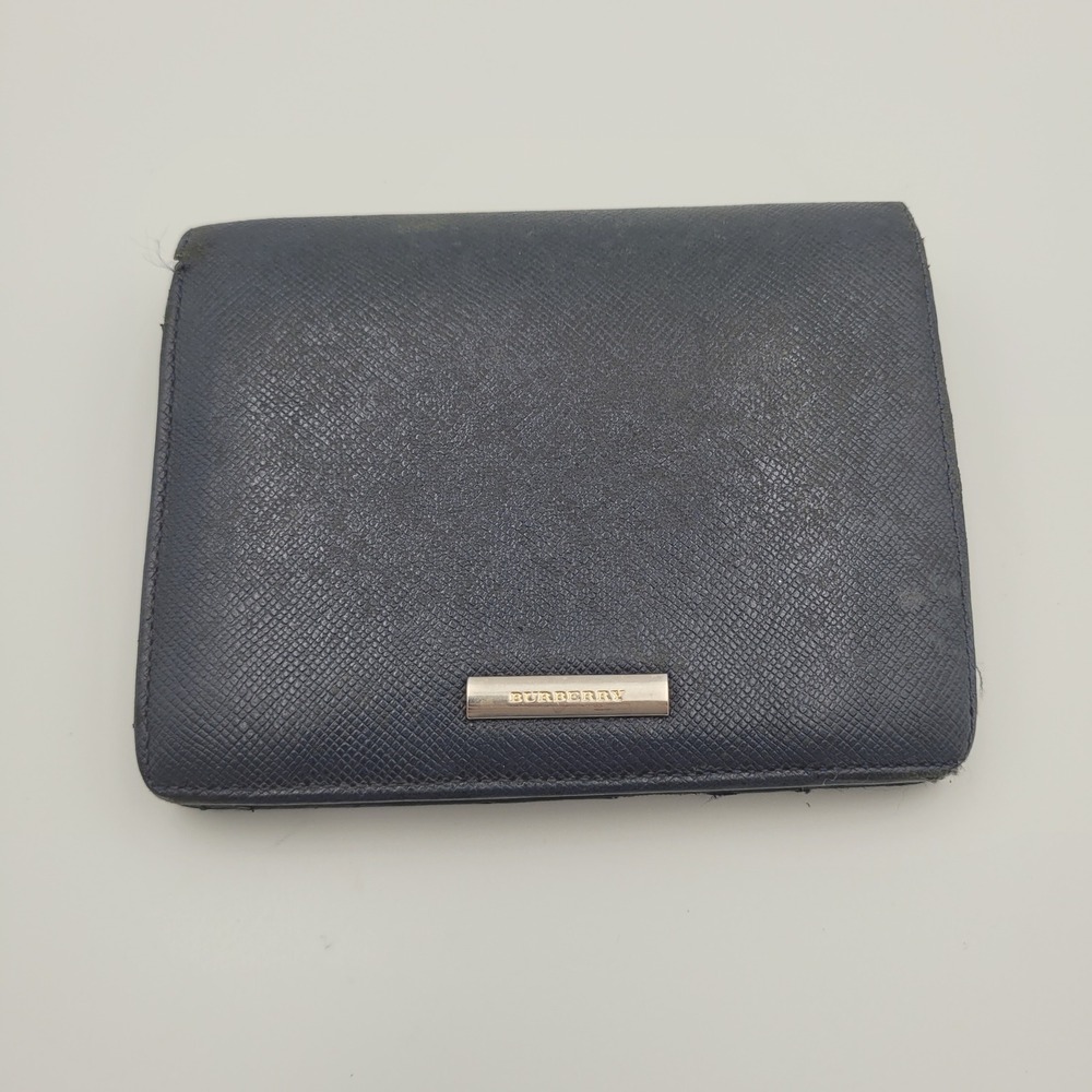 Burberry Mens Navy Blue Saffiano Leather Bifold Wallet House Check Lining